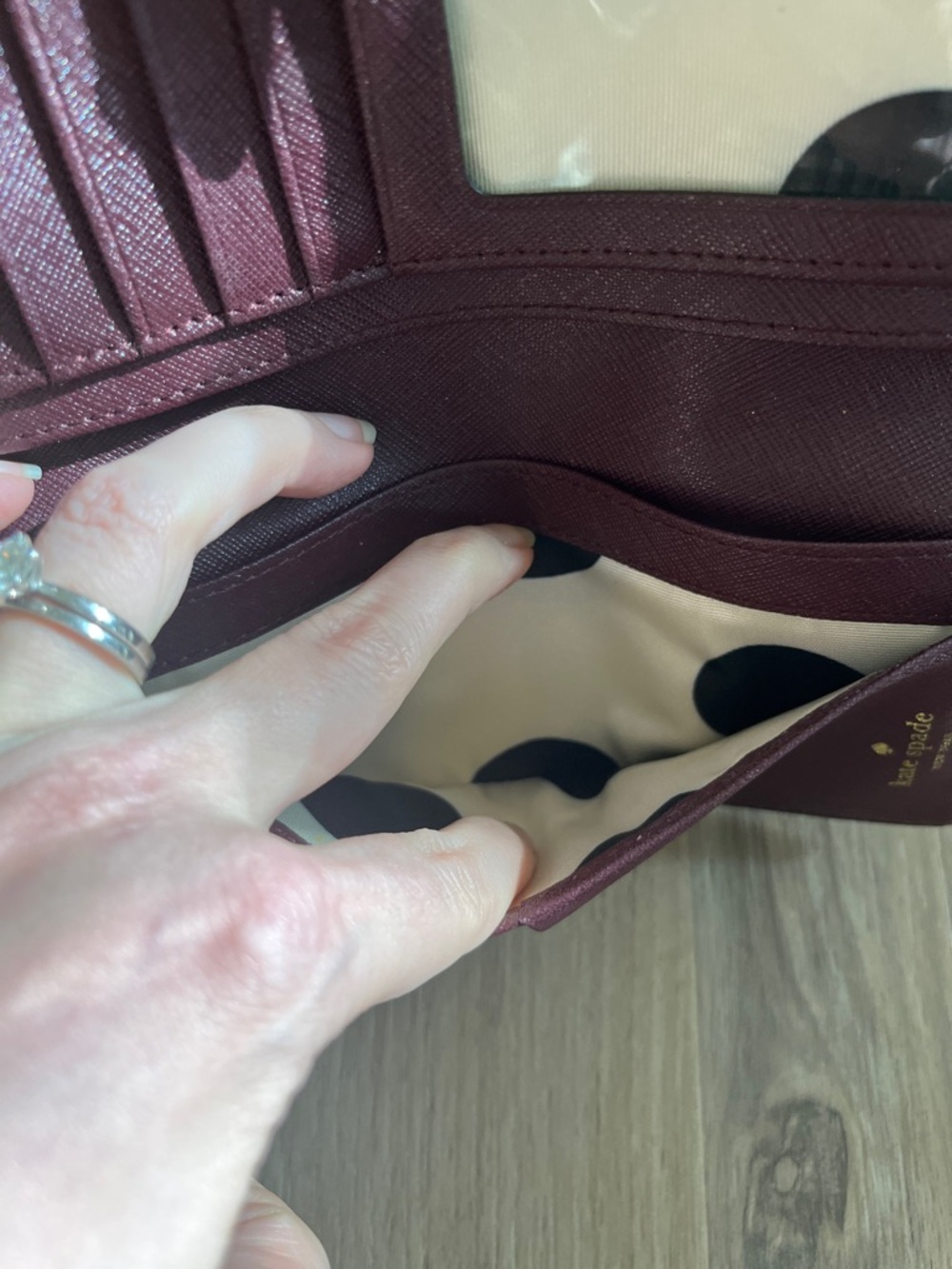 kate spade Burgundy Saffiano Wallet with Gold Logo - Picture 7 of 9